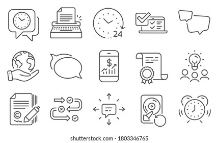 Set of Education icons, such as Online survey, Sms. Diploma, ideas, save planet. Mobile finance, 24 hours, Recovery hdd. Typewriter, Copywriting, Speech bubble. Vector