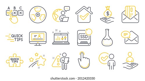Set of Education icons, such as Online video, Quick tips, Income money symbols. Correct checkbox, Education, Chemical hazard signs. Recruitment, Credit card, Sound check. Chemistry lab. Vector