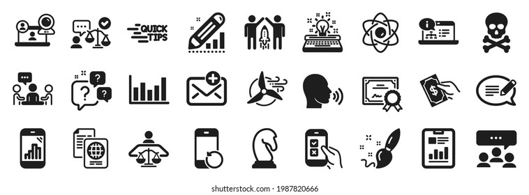 Set of Education icons, such as Partnership, Human sing, Message icons. Certificate, Edit statistics, Windmill turbine signs. Education, Recovery phone, Chemical hazard. Pay money, Lawyer. Vector