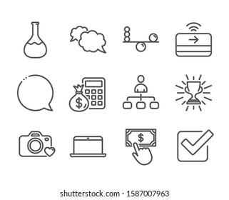 Set of Education icons, such as Payment click, Chemistry lab, Messenger, Balance, Laptop, Photo camera, Checkbox, Finance calculator, Management, Speech bubble, Contactless payment, Trophy. Vector