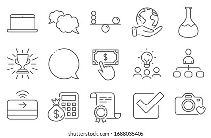 Set of Education icons, such as Payment click, Chemistry lab. Diploma, ideas, save planet. Messenger, Balance, Laptop. Photo camera, Checkbox, Finance calculator. Vector