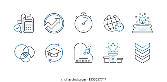 Set of Education icons, such as Piano, Time zone, Continuing education, Audit, Euler diagram, Timer, Bill accounting, Winner podium, Typewriter, Shoulder strap line icons. Line piano icon. Vector