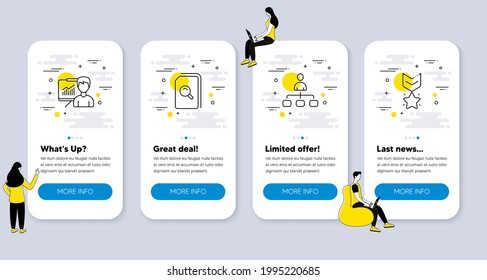 Set of Education icons, such as Presentation, Management, Search files icons. UI phone app screens with people. Winner medal line symbols. Education board, Agent, Magnifying glass. Vector
