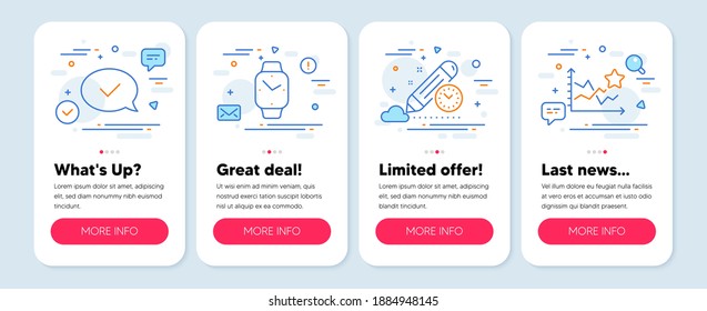 Set von Bildungs-Symbolen wie Projektzeitpunkt, genehmigte Nachricht, Symbole für intelligente Uhr. Mobile Screen verspottet Banner. Ranking der Sterne Linien Symbole. Zeitmanagement, akzeptierter Chat, digitale Zeit. Vektorgrafik