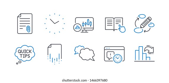Set of Education icons, such as Quick tips, Time, Candlestick chart, Read instruction, Recovery file, Project deadline, Attachment, Keywords, Messenger, Decreasing graph line icons. Vector
