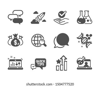 Set of Education icons, such as Quick tips, Ranking stars, Talk bubble, Startup rocket, Internet search, Check investment, Chat message, Sound check, Chemistry dna, Chemistry lab, Approved. Vector