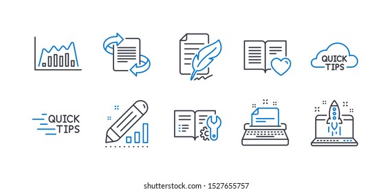 Set of Education icons, such as Quick tips, Education, Edit statistics, Love book, Engineering documentation, Infographic graph, Marketing, Typewriter, Feather signature, Start business. Vector