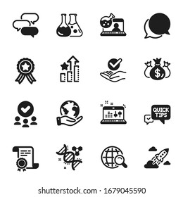 Set von Bildungs-Symbolen, z. B. Quick tips, Ranking stars. Zertifikat, genehmigte Gruppe, retten Planet. Talk Blase, Startup-Rakete, Internetsuche. Überprüfen Sie die Investition, Chat-Nachricht, Sound-Prüfung. Vektorillustration