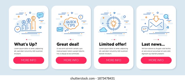 Set of Education icons, such as Quick tips, Idea, Graph chart symbols. Mobile screen app banners. Incoming mail line icons. Helpful tricks, Solution, Growth report. Download message. Vector