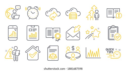 Set of Education icons, such as Quick tips, Legal documents, Diploma symbols. Open mail, Alarm clock, Employee result signs. Meeting, Report document, Cloud share. Graph phone, Line graph. Vector