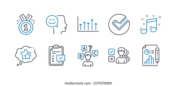Set of Education icons, such as Quiz test, Verify, Ranking stars, Good mood, Growth chart, Approved, Opinion, Musical note, Checklist, Report document line icons. Interview, Selected choice. Vector