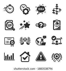 Set of Education icons, such as Quiz test, Timer, Block diagram symbols. Online access, Check article, Certificate signs. Time management, Idea, Report. Justice scales, Column chart. Vector