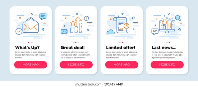 Set of Education icons, such as Ranking stars, Report, Mail symbols. Mobile screen banners. Creative design line icons. Winner results, Work analysis, E-mail. Designer. Ranking stars icons. Vector