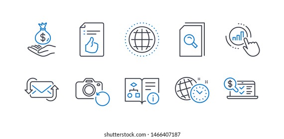 Set of Education icons, such as Refresh mail, Globe, Graph chart, Approved document, Search files, Income money, Technical algorithm, Recovery photo, Time management, Online accounting. Vector