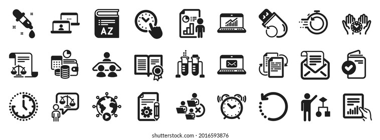 Set of Education icons, such as Remove team, Documentation, Chemistry pipette icons. Document, Algorithm, Mail newsletter signs. Lawyer, Time, Interview job. Budget accounting, Bureaucracy. Vector