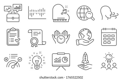 Set of Education icons, such as Safe time, Presentation. Diploma, ideas, save planet. Idea, Piano, Internet search. Business portfolio, Breathing exercise, Calendar. Vector