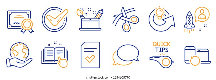 Set of Education icons, such as Scissors, Creativity concept. Certificate, save planet. Messenger, Startup, Recovery devices. Checked file, Technical documentation, Share idea. Vector