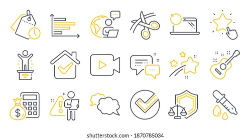 Set von Bildungs-Symbole, wie Schere, Gitarre, Messenger-Symbole. Justizwaagen, Ranking-Stern, Horizontale Kartenzeichen. Zeitmanagement, Finanzrechner, Mitarbeiterbotschafter. Überprüfen. Vektorgrafik