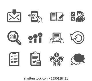 Set of Education icons, such as Sharing economy, Recovery data, Data analysis, Chat message, Education, Incoming mail, Accounting checklist, Feedback, Opinion, Customer satisfaction. Vector