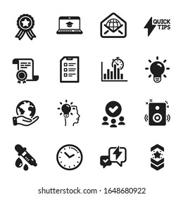 Set of Education icons, such as Shoulder strap, Checklist. Certificate, approved group, save planet. Web mail, Idea, Speakers. Time, Light bulb, Report timer. Vector