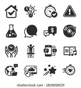 Set of Education icons, such as Smartphone sms, Safe time, Fast verification symbols. Cloud computing, Time management, Chat message signs. Chemistry lab, Music book, Winner podium. Timer. Vector