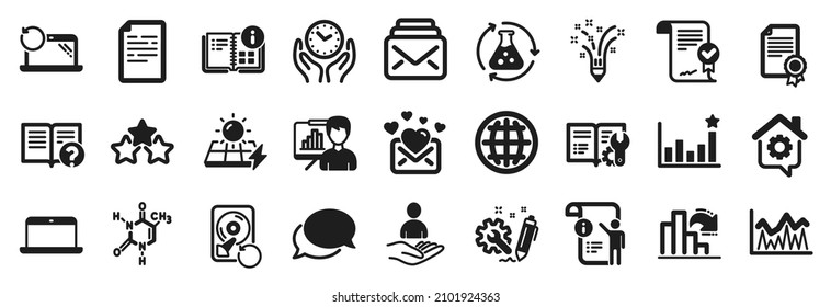 Set of Education icons, such as Solar panels, Recovery hdd, Messenger icons. Globe, Love mail, Recruitment signs. Safe time, Presentation board, Investment. Help, Work home, Inspiration. Vector