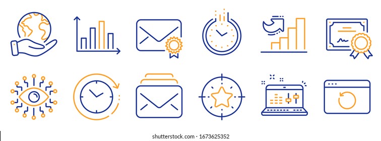 Set of Education icons, such as Star target, Diagram graph. Certificate, save planet. Time, Verified mail, Growth chart. Sound check, Artificial intelligence, Mail. Vector