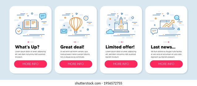 Set of Education icons, such as Start business, Education, Air balloon symbols. Mobile screen mockup banners. Sales diagram line icons. Launch idea, Instruction book, Sky travelling. Vector