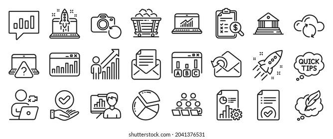 Set of Education icons, such as Start business, Court building, Pie chart icons. Accounting report, Copyright chat, Teamwork signs. Online statistics, Survey results, Analytical chat. Vector