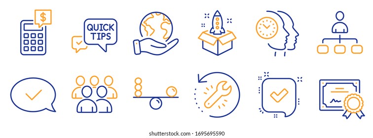 Set of Education icons, such as Startup, Time management. Certificate, save planet. Confirmed, Balance, Approved message. Group, Management, Calculator. Quick tips, Recovery tool line icons. Vector