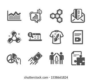 Set of Education icons, such as Strategy, Pie chart, Fast payment, Online accounting, Video file, Money diagram, Partnership, Chemical formula, Credit card, T-shirt design classic icons. Vector
