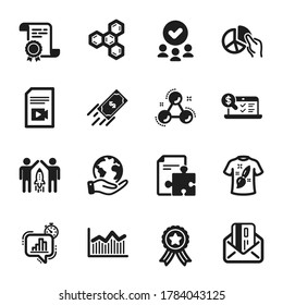 Set of Education icons, such as Strategy, Pie chart. Certificate, approved group, save planet. Fast payment, Online accounting, Video file. Money diagram, Partnership, Chemical formula. Vector
