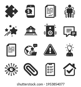 Set of Education icons, such as Strategy, Document signature, Document symbols. Group, Checklist, Court building signs. Paper clip, Comment, Education. Phone payment, Speakers flat icons. Vector