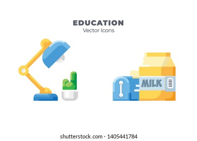 Set of Education icons, such as study lamp and breakfast, with flat style. Suitable for Education, science, studying, and school theme.