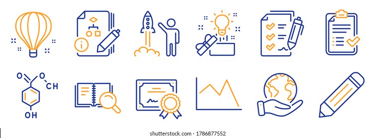 Set of Education icons, such as Survey checklist, Chemical formula. Certificate, save planet. Approved checklist, Search book, Creative idea. Pencil, Line chart, Launch project. Vector