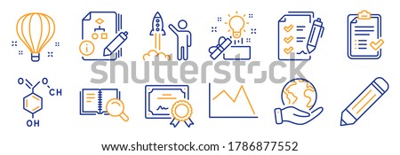Set of Education icons, such as Survey checklist, Chemical formula. Certificate, save planet. Approved checklist, Search book, Creative idea. Pencil, Line chart, Launch project. Vector