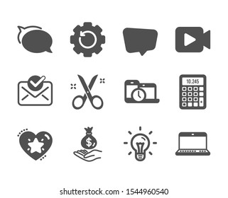 Set of Education icons, such as Talk bubble, Recovery gear, Calculator, Ranking star, Scissors, Chat message, Income money, Approved mail, Time management, Idea, Notebook, Video camera. Vector