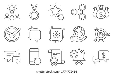 Set of Education icons, such as Target, Time management. Diploma, ideas, save planet. Cogwheel, Ranking star, Employees messenger. Check investment, Recovery phone, Confirmed. Vector