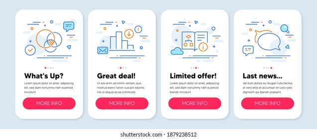 Set of Education icons, such as Technical algorithm, Euler diagram, Decreasing graph symbols. Mobile screen mockup banners. Talk bubble line icons. Vector