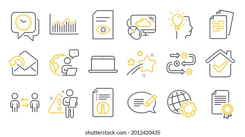 Juego de iconos de Educación, como Información técnica, Ver documento, Símbolos de portátil. Reloj, trabajo en equipo, señales de computación en nube. Diagrama de dinero, mensaje, certificado. Documentos, Enviar correo. Vector