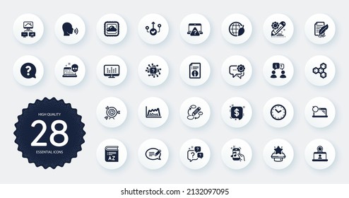 Set of Education icons, such as Technical info, Music making and Vocabulary flat icons. Work home, Target, Message web elements. Trade chart, Cloud computing, Correct way signs. Circle buttons. Vector