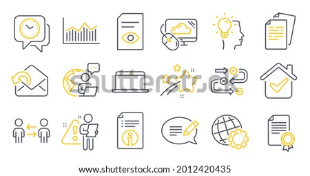 Set of Education icons, such as Technical info, View document, Laptop symbols. Clock, Teamwork business, Cloud computing signs. Money diagram, Message, Certificate. Documents, Send mail. Vector