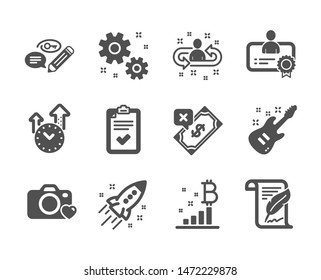 Set of Education icons, such as Time management, Photo camera, Bitcoin graph, Recruitment, Rejected payment, Checklist, Work, Certificate, Feather, Keywords, Electric guitar classic icons. Vector