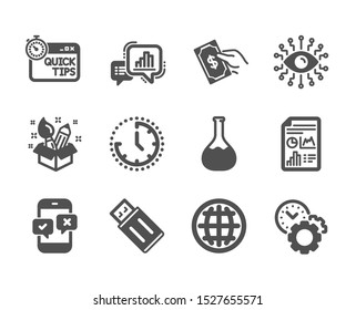 Set of Education icons, such as Time, Creativity, Usb flash, Phone survey, Pay money, Time management, Artificial intelligence, Chemistry lab, Graph chart, Quick tips, Report document. Vector