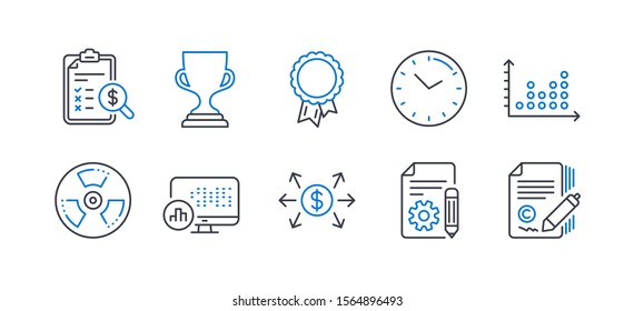 Set of Education icons, such as Time, Report statistics, Dollar exchange, Documentation, Accounting report, Award cup, Success, Chemical hazard, Dot plot, Copywriting line icons. Vector