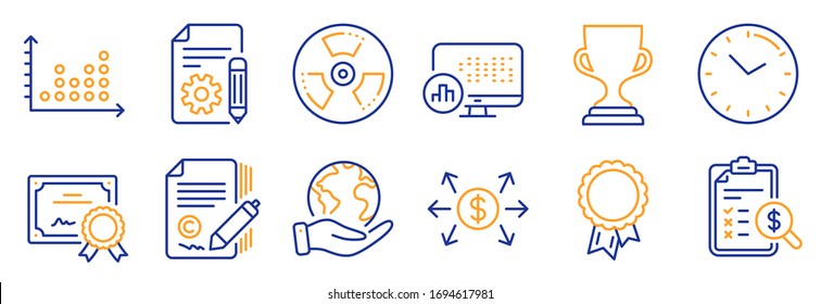 Set of Education icons, such as Time, Report statistics. Certificate, save planet. Dollar exchange, Documentation, Accounting report. Award cup, Success, Chemical hazard. Vector