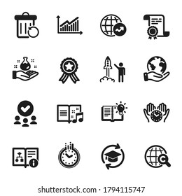 Set Of Education Icons, Such As Time, World Statistics. Certificate, Approved Group, Save Planet. Continuing Education, Chemistry Lab, Launch Project. Vector