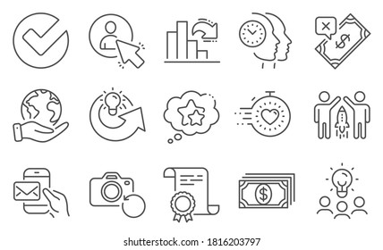 Set of Education icons, such as Time management, Recovery photo. Diploma, ideas, save planet. Messenger mail, Share idea, Decreasing graph. User, Payment, Ranking stars. Vector