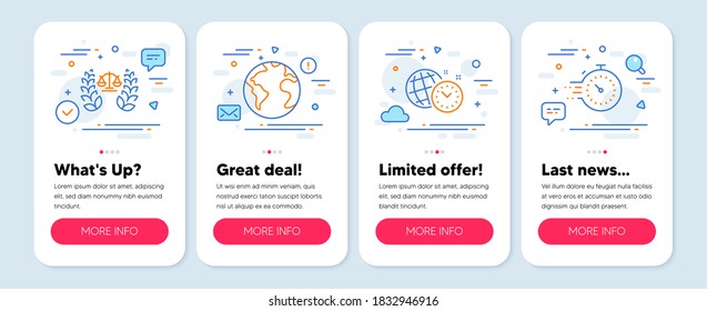 Set of Education icons, such as Time management, Justice scales, World planet symbols. Mobile screen mockup banners. Timer line icons. World clock, Judgement, Internet business. Vector