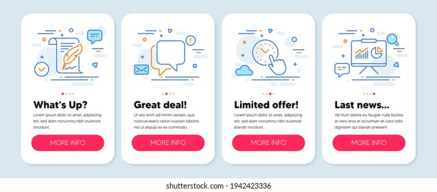 Set of Education icons, such as Time management, Feather, Talk bubble symbols. Mobile screen mockup banners. Presentation line icons. Office clock, Copyright page, Chat message. Vector